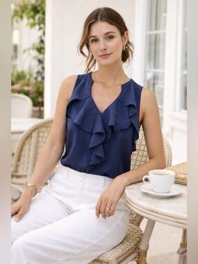 Lilly Pulitzer Silk Ruffle Blouse Navy Sleeveless Top M